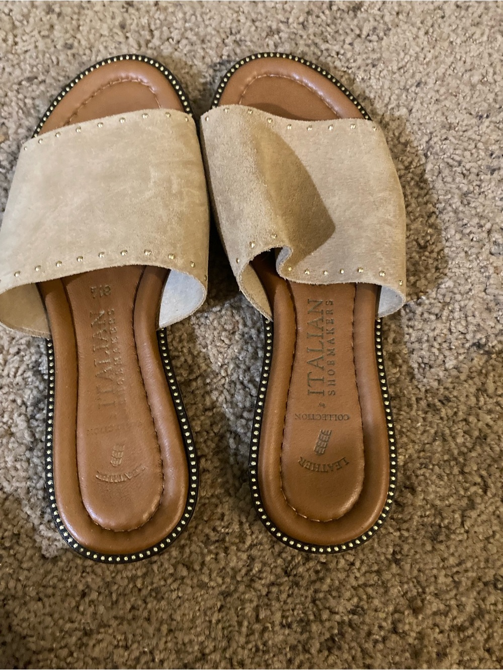 Italian Shoemakers Taupe Suede Slide Mules with Stud Trim